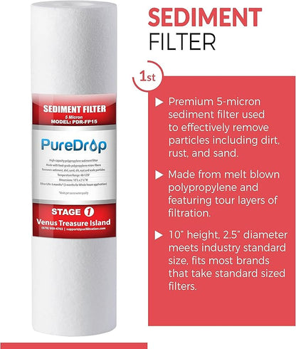 PureDrop PDR-F15-50 Standard 5-Stage Replacement Cartridge for 50 GPD Reverse Osmosis Water Filter System 2-Year Replacement Filter Pack,15 Counts, 12x15x15