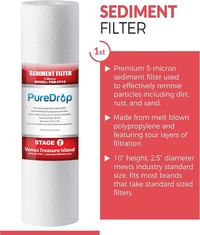 PureDrop PDR-FP15 10"x2.5" Sediment Water Filter Cartridge Replacement for Reverse Osmosis Water Filter System