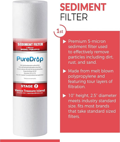 PureDrop PDR-FP15 10"x2.5" Sediment Water Filter Cartridge Replacement for Reverse Osmosis Water Filter System