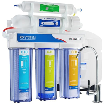 Max Water 5 Stage 50 GPD (Gallon Per Day) RO (Reverse Osmosis) Standard Water Filtration System - Under-Sink/Wall Mount (with Tank & Faucet) - Model: RO-5C5