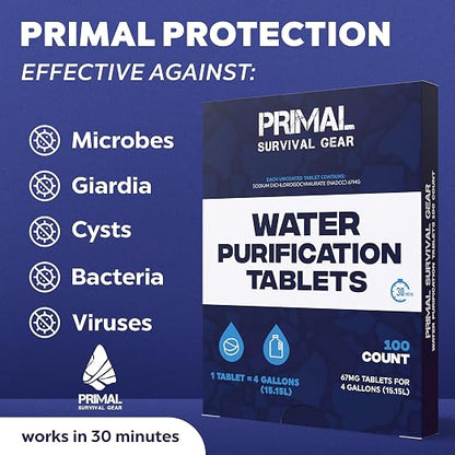 Water Purification Tablets- Water Purifier Tablets for Emergency Water - Hiking, Camping, Survival, Emergency – Drinking Water Filtration System Survival Tabs - Purificador De Agua - 100 Tablets - 4G