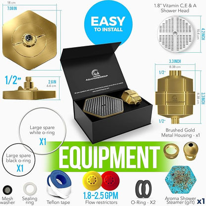 AquaHomeGroup Luxury Filtered Shower Head Set - 20 Stage Filter Reduces Chlorine, Heavy Metals and Sediment - Vitamin C E and A - Brushed Gold