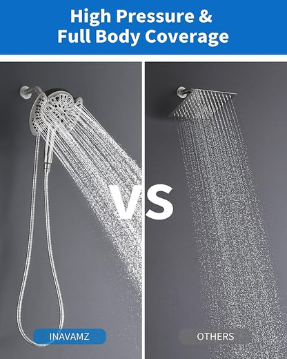 INAVAMZ 2-in-1 Shower Head with Handheld Combo: 2.5GPM Rainfall Shower Head & Detachable Shower Head Use Together or Alone, 9 Spray Settings Hand Held Showerhead with Hose, Nickel
