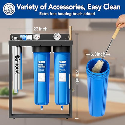 HQUA WF3-03 3-Stage Free-Standing Whole House Water Filtration System, UV Filter Included, Reduces Heavy Metals (Lead, Mercury, Copper, Nickel, Chromium), Chloramine, Sediment, Odor, and VOC’s