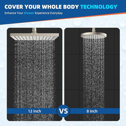Hibbent Thickness Metal Rain Shower Head, 12 Inch High Pressure Shower Heads, Square Large Bathroom Rainfall Shower Head with Adjustable Brass Ball Joint, Waterfall Full Body Coverage, Brushed Nickel