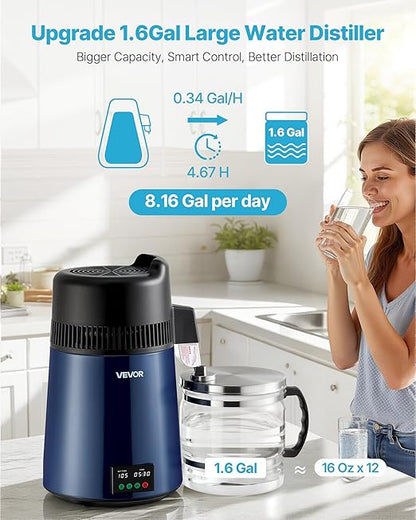 VEVOR Water Distiller, 6L/1.6 Gal Distilled Water Maker Countertop, 900W Distilling Machine with Glass Carafe, 0–99H Timer, Time & Temp Display, 2-Layer 304 Stainless Steel Distill for Home, Navy