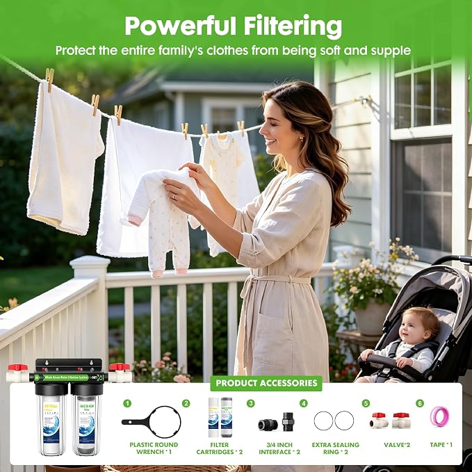 2 Stage Whole House Water Filter System with 3 Sets of Filters, 10"x2.5" | 3/4" Ports, Clear Housing, Highly Reduces Heavy Metal, Chlorine Odor, Taste, Rust, Sediment, 2 Valves, for Well & Tap Water