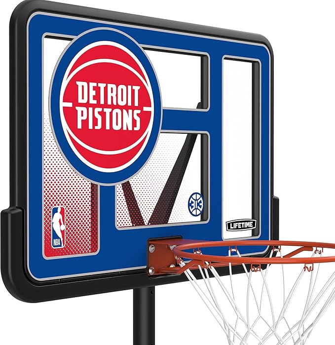 Lifetime NBA Detroit Pistons Portable Basketball Hoop, Adjustable Height 7.5-10 Ft, 44 Inch Shatterproof Fusion Backboard, Base with Wheels