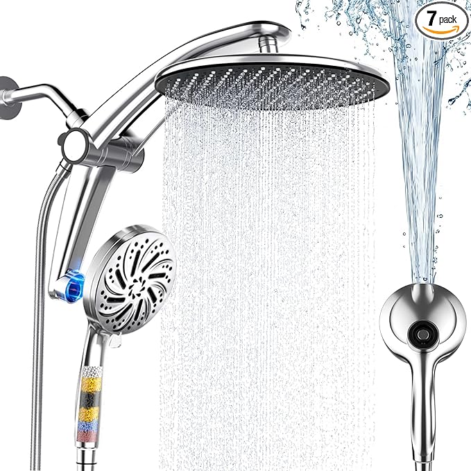 Shower Head with filtered Handheld High Pressure daul Shower Heads with Handheld Spray Combo and 10 Sprays Handheld Shower Head Detachable Shower head Built-in Magnetic Docking and Power Jets Chrome
