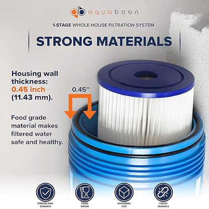 Aquaboon Whole House Water Filter Housing - 5 Micron Pleated Sediment Filter Housing Cartridge - Well Water Filter System for House w/Wrench, Bracket & Pressure Gauge & Release