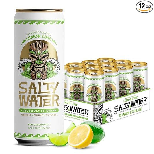 SaltyWater Electrolyte Drink, Lemon Lime – Zero Sugar Premium Hydration Drink, 10 Calories, Minerals, Taurine, B-Vitamins, Non-Carbonated - Zero Caffeine Electrolyte Sports Drink - Gluten Free - 12 Pack (12 oz)