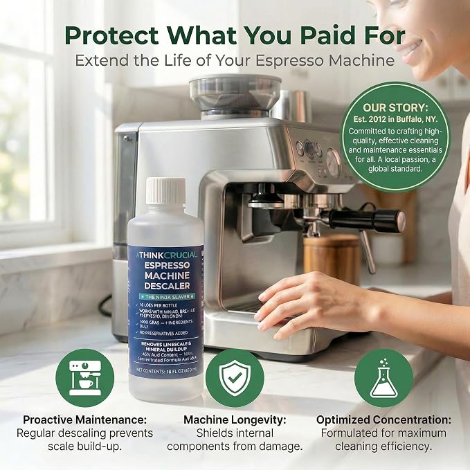 Think Crucial 15-Use Espresso Machine Descaler for Ninja Luxe Café NCCA1000, CFP451, CFP301 — 45% Acid Concentrate — 64% More Savings — 5-Year Supply — 16oz