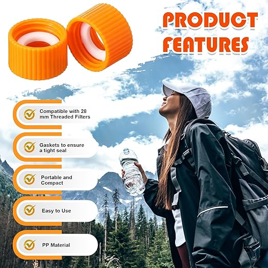 Gerrii 2 Pcs Water Filter Coupling Kit Compatible with SP150, 28 mm Threaded Filtration Couplings for Standard Plastic Bottles, Cleaning Couplers with Gasket Seals for Hiking, Camping (Orange)