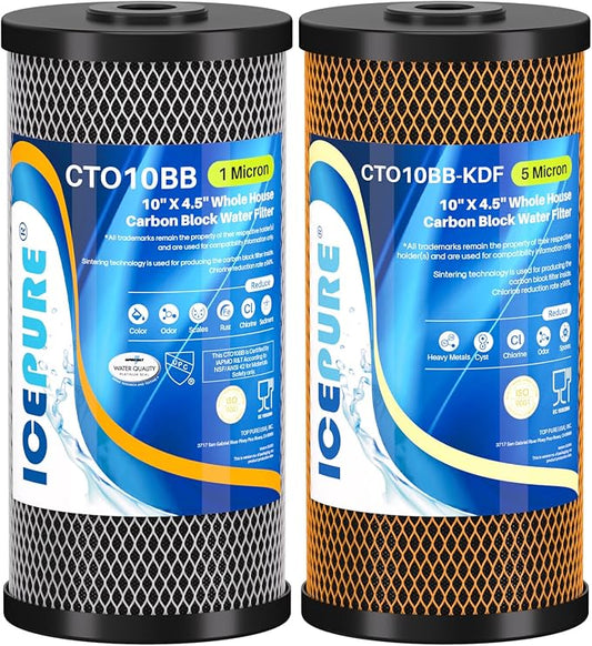 ICEPURE 2-Stage 10" x 4.5" Whole House Carbon Water Filter Set, Activated Carbon Filter and KDF Heavy Metal Removal Cartridge Replacement for WFHDC8001, CB-BB-10, FXHTC, GXWH40L, GXWH35F, Pack of 1