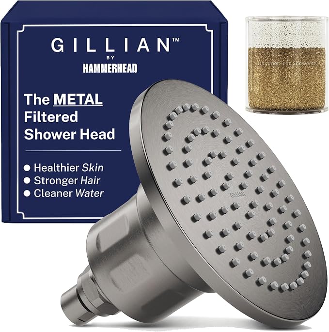 Gillian Filtered Shower Head for Hard Water - High Pressure Metal Showerhead Filter For Hair and Skin with Genuine KDF-55 - Removes Toxic Chemicals, Chlorine and Heavy Metals, Gray