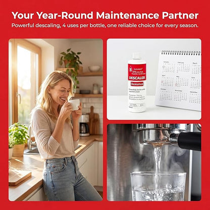 Gentle Descaling Solution Compatible with Breville Coffee Machines, 16.9 fl Oz Professional Formula for Hard Water & Well Users, （4 Uses Descaler）