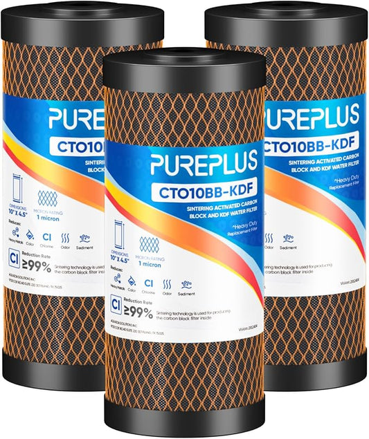 PUREPLUS 1 Micron 10" x 4.5" Whole House Coconut Shell Activated Carbon and KDF Water Filter, Heavy Metal Removal Replacement Water Filter, Compatible with GXWH40L, GXWH35F, BB10, CTO10BB-KDF, 3 PACK