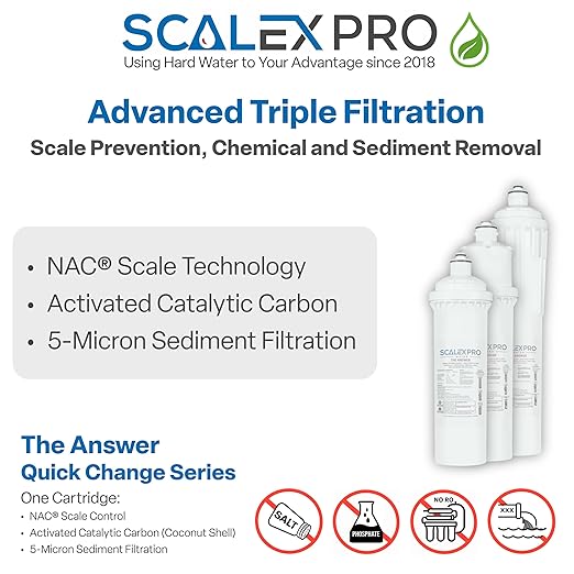 The Answer 12” Hard Water Scale Prevention Filter – Salt-Free NAC Technology Stops & Removes Scale Up to 26 Grains, Removes Chlorine & Other Common Municipal Water Chemicals, 7500 Gallons