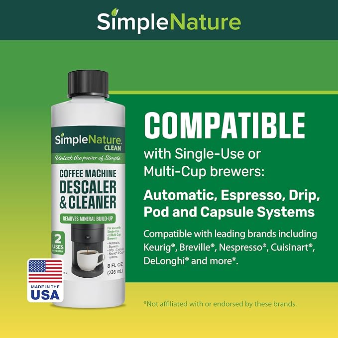 SimpleNature Coffee Descaler (8 fl oz) - Plant-Based Formula Removes Limescale & Buildup from Espresso, Drip, Pod & Single-Serve Machines | Improves Performance & Brew Quality