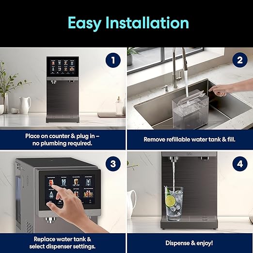 Brio Q60 Sparkling Water Countertop Dispenser with Refillable Tank, No Plumbing Required, Instant Hot & Cold, 4-Stage Reverse Osmosis Filtration, Touch Screen Display, Black