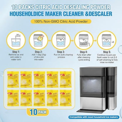 Ice Maker Descaling Powder 10 Pack – Removes Mineral Scale Build Up, Improves Performance & Taste, Easy Cleaning Solution for Nugget Ice Makers and Machines