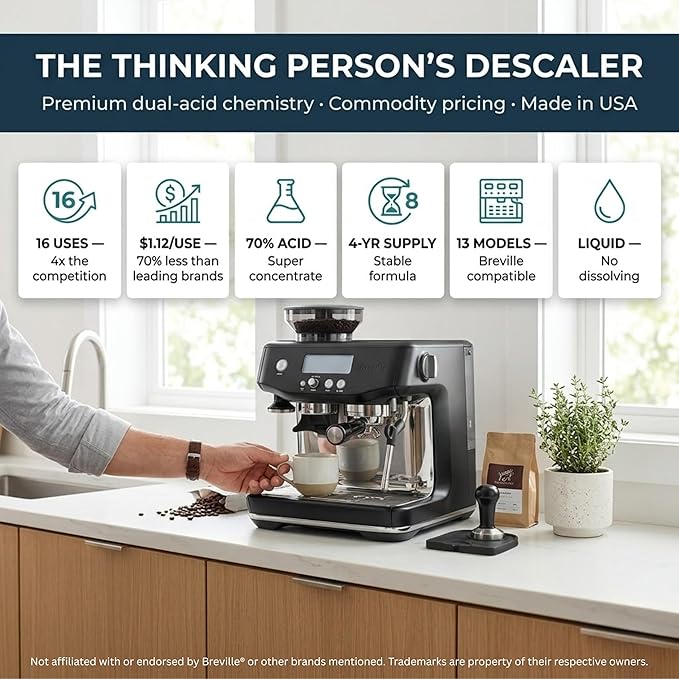 Think Crucial Descaler for Breville Espresso Machines – 16 Uses Super Concentrate Descaling Solution – Barista Express, Bambino, Oracle – Liquid Formula – 4-Year Supply* – 16 fl oz