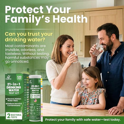 21-in-1 Drinking Water Test Kit – 120 Strips + 2 Bacteria Tests – Easy DIY Testing for Tap, Well & Spring Water – Tests Lead, Fluoride, Iron, Hardness, pH, Chlorine, Copper, Bacteria & More