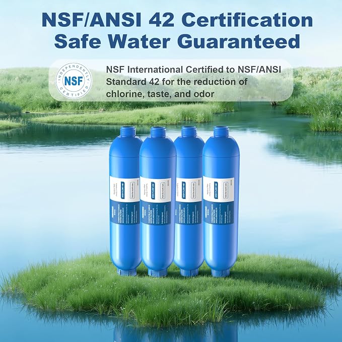 RV Water Filter with 2 Flexible Hose Protector, NSF Certified, 4 Pack Inline Water Filter Reduces Chlorine, Bad Taste, Odor, Sediment, RV Accessories for Campers, Marine, Garden Hose, Boat