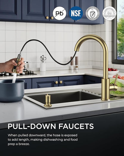 FORIOUS Gold Kitchen Faucet with Soap Dispenser, Single Handle Stainless Steel Transitional Sink Faucet with Pull Down Sprayer 1 or 3 Hole, Suitable for Farmhouse Laundry Camper RV Bar