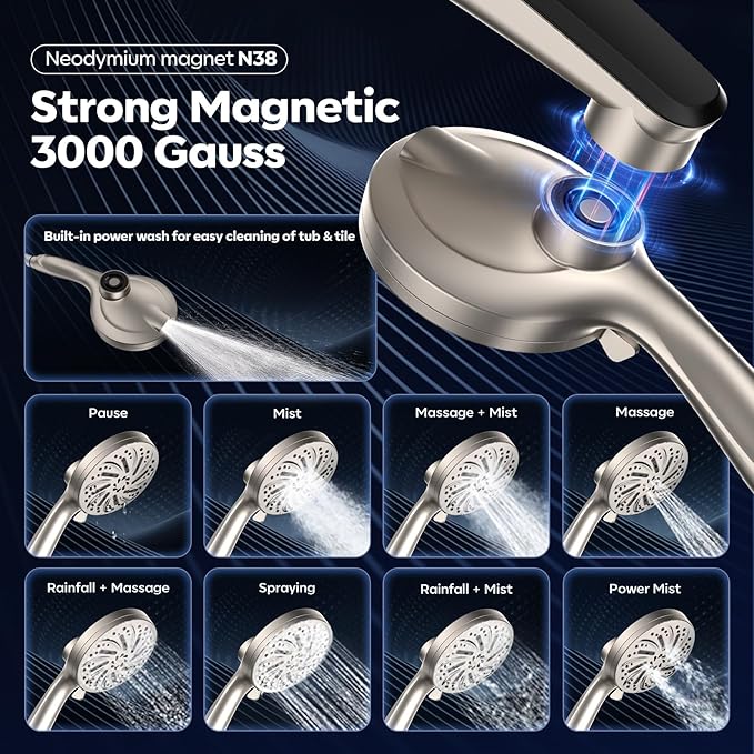 Shower Head with filtered Handheld High Pressure daul Shower Heads with Handheld Spray Combo and 10 Sprays Handheld Shower Head Detachable Shower head Built-in Magnetic Docking and Power Jets Nickel