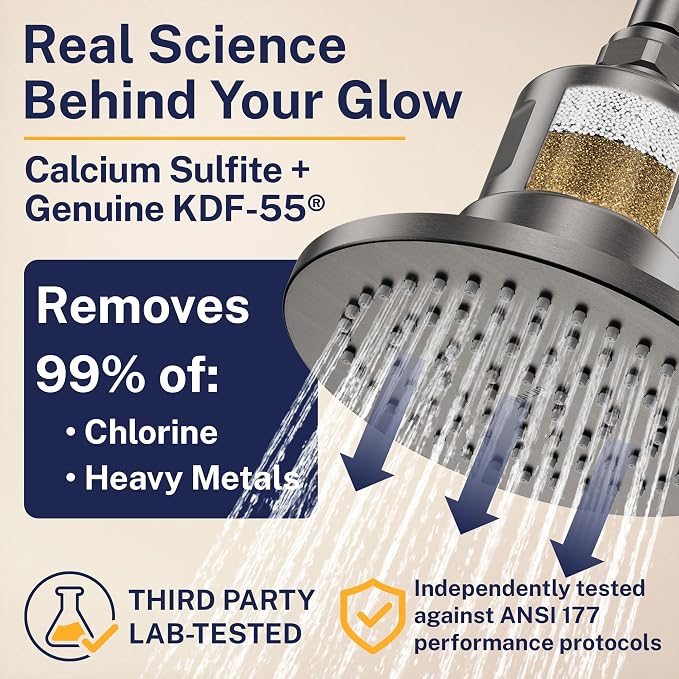 Gillian Filtered Shower Head for Hard Water - High Pressure Metal Showerhead Filter For Hair and Skin with Genuine KDF-55 - Removes Toxic Chemicals, Chlorine and Heavy Metals, Gray