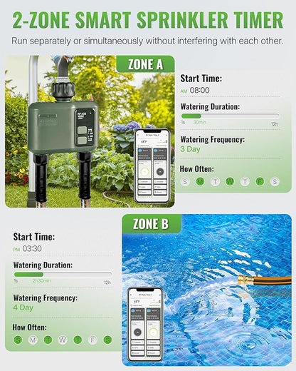 WiFi Water Timer for Garden Hose, Sprinkler Timer 2 Zone, Smart Lawn Watering System with WiFi Irrigation Controller, Voice Control, Automatic Irrigation/Rain Delay/Manual Watering D32WT06
