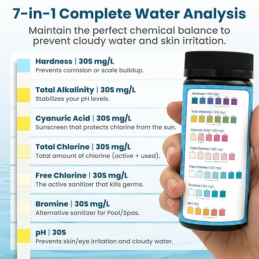 Pool & Spa Test Strips 7-in-1, 100 Strips for Pools, Hot Tubs & Saltwater Spas – Accurately Tests pH, Free & Total Chlorine, Bromine, Alkalinity, Hardness & Cyanuric Acid – Easy, 30-Second Results