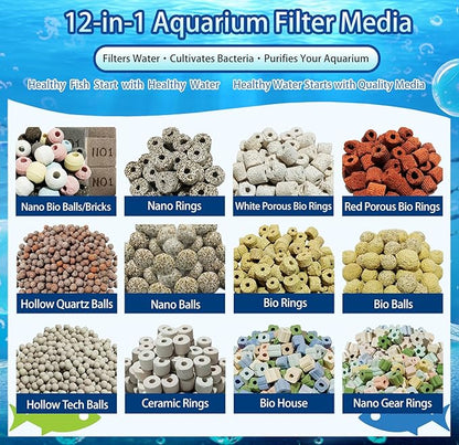 12-in-1 Biological Aquarium Filter Media Kit for Crystal Clear Water - Supports Nitrogen Cycle with Bio Balls, Ceramic Rings for Freshwater Saltwater Aquarium, Pond, Sump, Canister Filter (1.1lb)