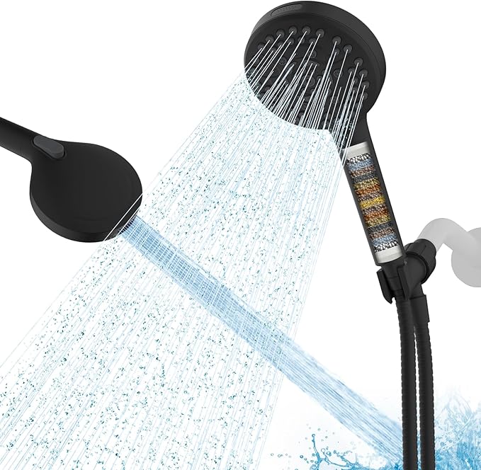 Hibbent High Pressure 10-mode Shower Head, Filtered Handheld Showerhead with Adjustable Brass Joint Holder, 71" Metal Hose, Improve Skin & Hair, Built-in Power Wash to Clean Tub & Pets, Black