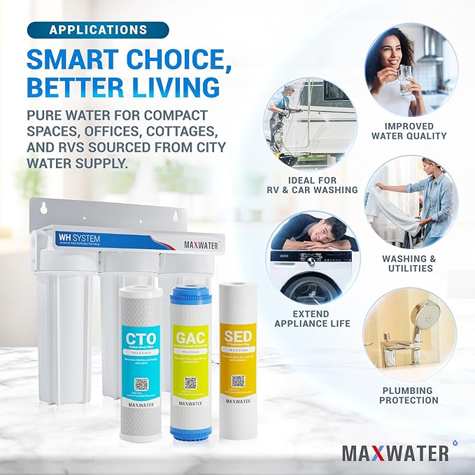 Max Water 3 Stage (Good for City Water) 10 inch Standard Water Filtration System for Whole House - Sediment + GAC + CTO Post Carbon - ¾" Inlet/Outlet - Model : WH-SW1