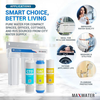Max Water 3 Stage (Good for City Water) 10 inch Standard Water Filtration System for Whole House - Sediment + GAC + CTO Post Carbon - ¾" Inlet/Outlet - Model : WH-SW1