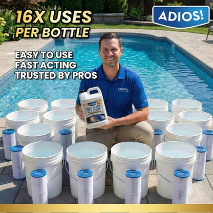 ADIOS! Pool Filter Cleaner, Deep Cleaning Soak Solution for Cartridge, Sand and DE Filters – Degreases and Restores Media - 128oz (Gallon)