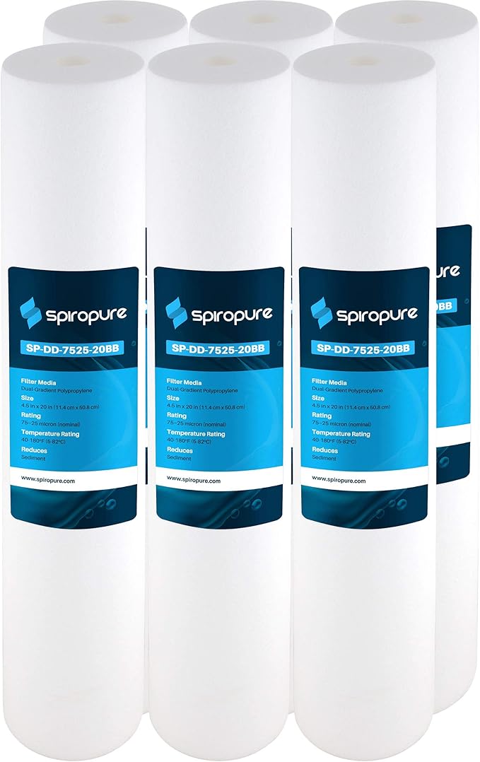 SpiroPure SP-DD-7525-20BB 20x4.5 BB 25 Micron Spun Melt-Blown Polypropylene Water Filter Cartridge DGD-7525-20 155356-43 (Case of 6)