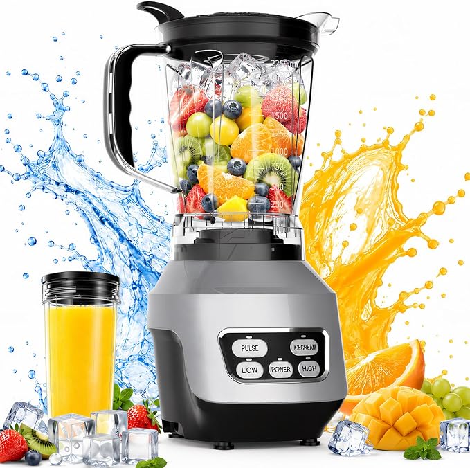 DUMOS Smoothie Blender for Kitchen with 6 Blades, Personal Blender for Smoothies with 24 34 60 oz BPA-Free Cups, Large Capacity, Portable and Easy Clean, for Ice Crush, Shakes, Sauces, Silver