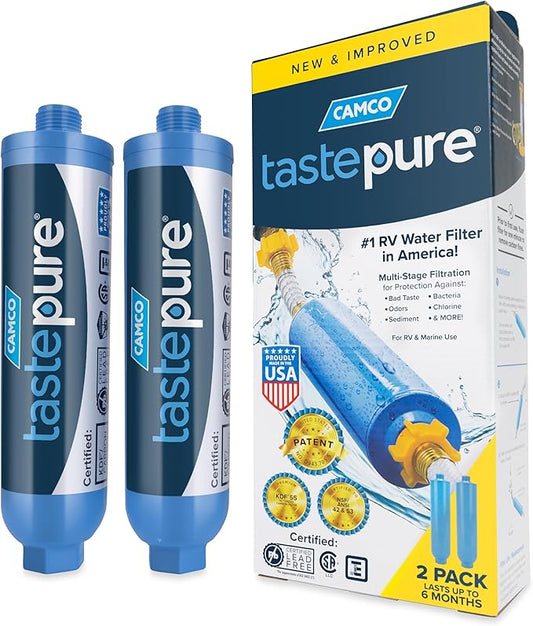 Camco Tastepure RV Water Filter - Advanced 6-Step Patent-Protected Filtration - Camping Essentials for Fresh Drinking Water - 2-Pack of RV Inline Water Filters, Made in USA (40045)