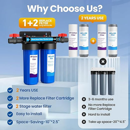 Whole House Water Filter System, 2-Stage Home Water Filtration with GAC & KDF, 3/4" Ports & 2 Valves, Reduces Chlorine Odor, Heavy Metals & Taste, Includes Extra 2 Replacement Filter Sets for Home Use