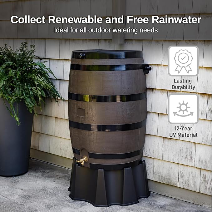 RTS Home Accents 50-Gallon Rain Barrel, Flat Back Rain Water Collection Barrel, Woodgrain with Black Stripes