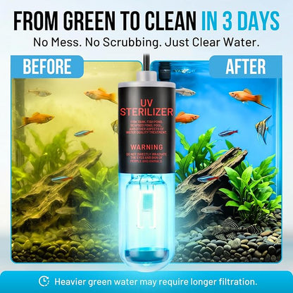 Aquarium UV-C Light 3W – Submersible UV Clarifier for Freshwater & Saltwater Tanks, Sumps & Hydroponics – Clears Green Water Fast – 9.8 ft Power Cord – Pre-Filter Sponge & Suction Cup Included