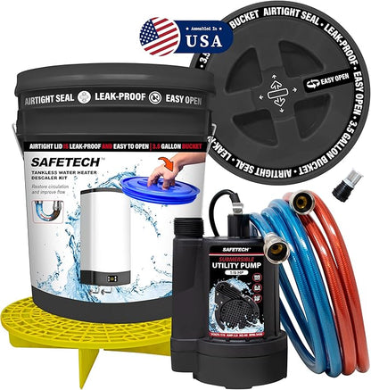 Safetech Tankless Water Heater Flushing Kit with Screw-Top Lid, Premium Hoses, 1/6 HP Utility Pump, and Pump Grate - Just Add Vinegar