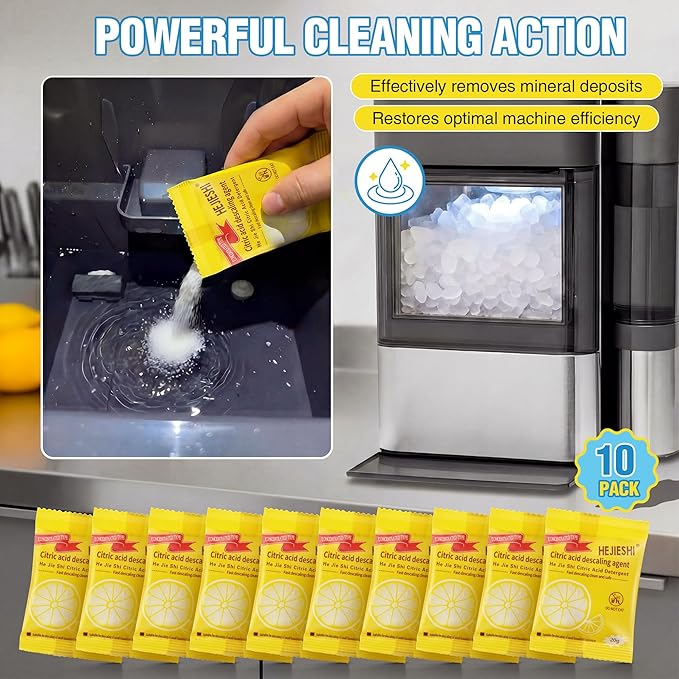 Ice Maker Descaling Powder 10 Pack – Removes Mineral Scale Build Up, Improves Performance & Taste, Easy Cleaning Solution for Nugget Ice Makers and Machines