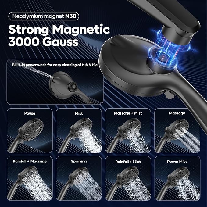 Rain Shower Head with Handheld High Pressure rainfall Shower Heads with Handheld Spray Combo Adjustable one-piece stand daul shower head Built-in Magnetic Docking and Power Jets-Black