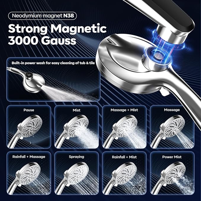 Shower Head with filtered Handheld High Pressure daul Shower Heads with Handheld Spray Combo and 10 Sprays Handheld Shower Head Detachable Shower head Built-in Magnetic Docking and Power Jets Chrome