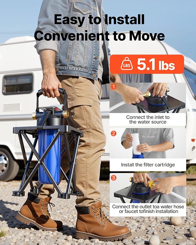 VEVOR RV Water Filter System for Campers, RVs & Travel Trailers, 2.5 x 10 in 5-Micron Filter with Cartridge & Bracket, Reduces Sediment, Chlorine, Bad Taste & Odors