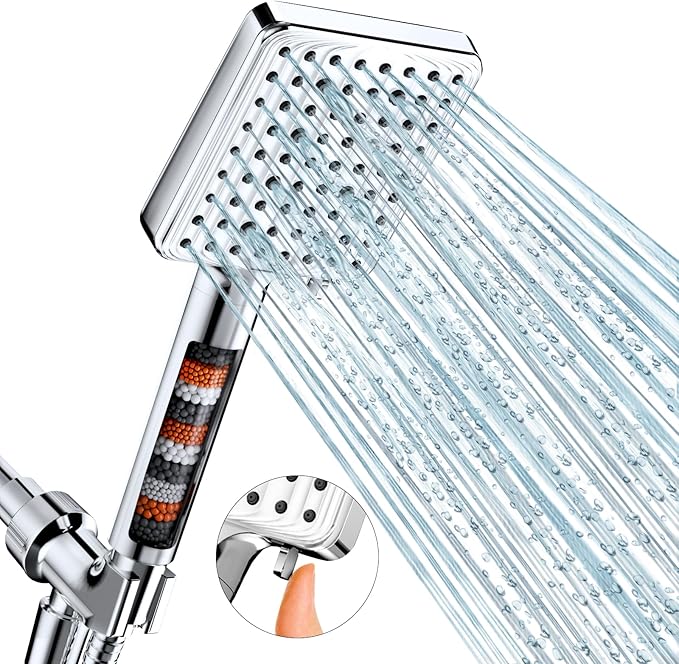 MakeFit Filtered Shower Head - 6 Modes High Pressure Handheld Shower Head with Filter Mineral Beads, Detachable Handheld Showerhead Set with Stainless Steel Hose and Shower Arm Bracket